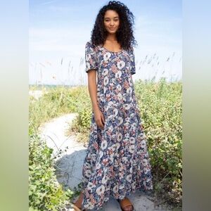 Natural Life Lucia Tiered Maxi Dress Navy Floral Small Boho Feminine Festival